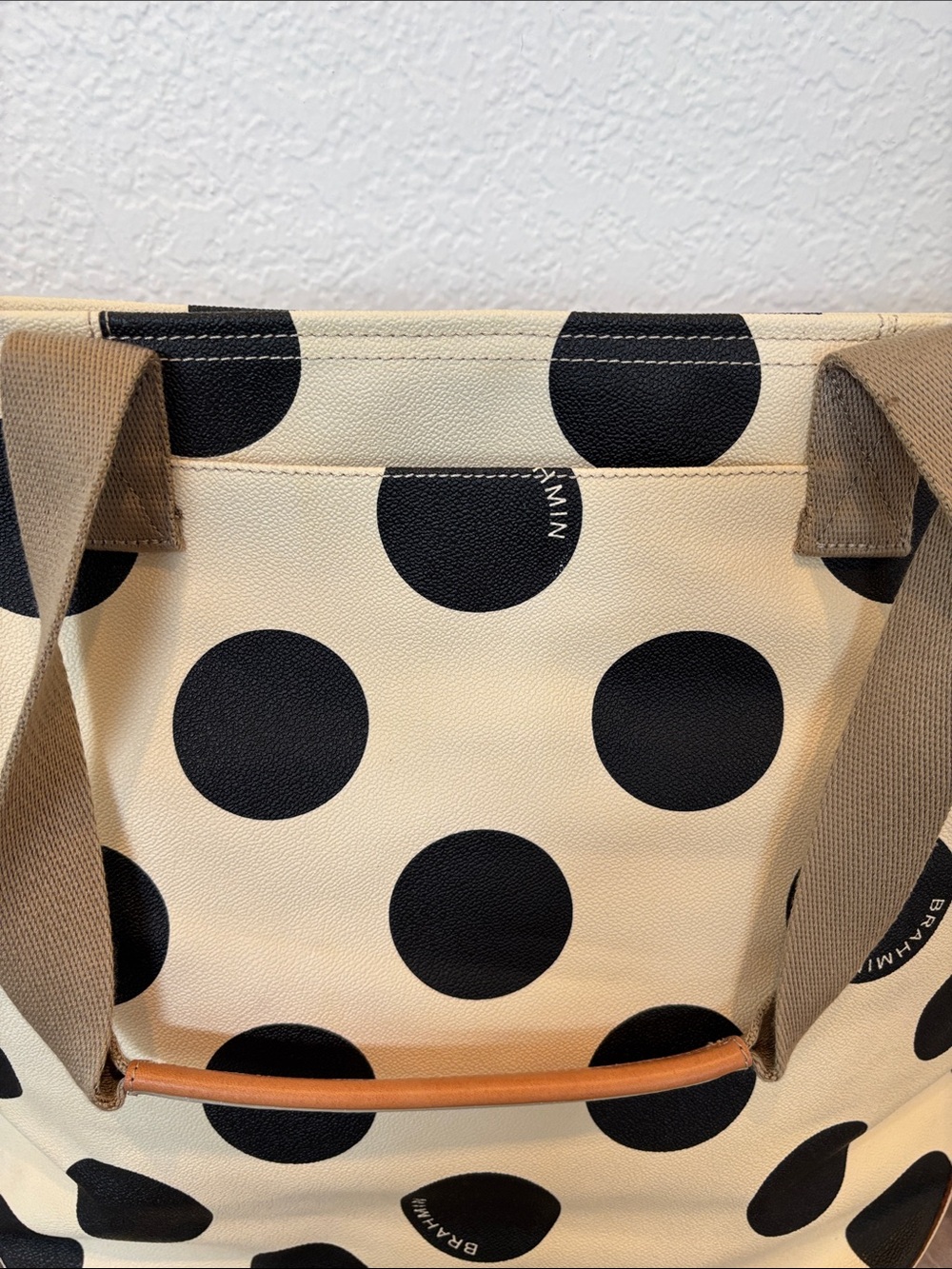 Brahmin Cream and Black Polka Dot Large Tote with Tan Straps - Picture 3 of 10